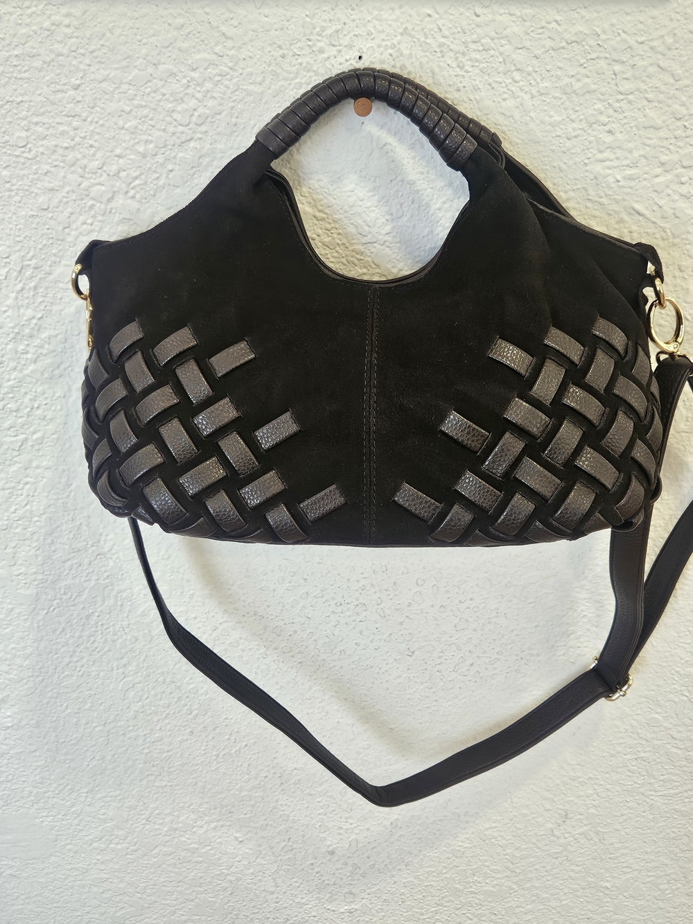 Small Brown Suede Woven Leather Hobo Bag Shoulder Crossbody Gold HW